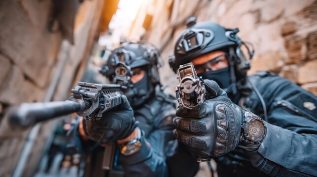 Two armed personnel in tactical gear, focused and ready for action in a narrow urban alleyway.