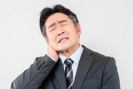 Senior male holding neck in pain with pained expression