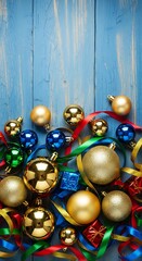 Festive Christmas Ornaments on Blue Wooden Background.