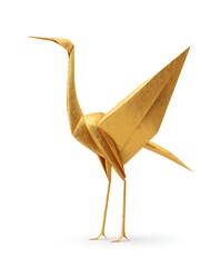 Golden Origami Crane: The delicate form of a golden origami crane, symbolizing peace and hope, stands poised with elegant simplicity, demonstrating the art of folding. 