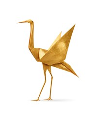 Golden Origami Crane: The elegant origami crane, crafted from gleaming golden paper, stands poised with outstretched wings, a symbol of peace, hope and artistic elegance.