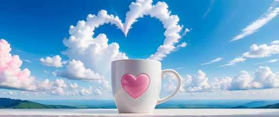 White mug with heart design and heart shaped clouds. Romantic mug illustration with heart shaped cloud above. Love themed mug on marble with mountain background.