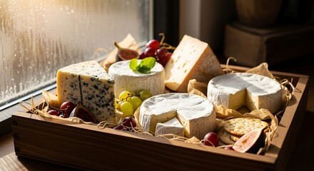 Artisanal Cheese Board Displayed with Fruits and Crackers.