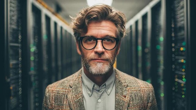 Man with round glasses and a beard wearing a tweed blazer stands in a data center aisle between server racks.