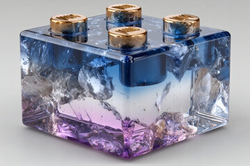 Naklejka premium Futuristic LEGO cube made of transparent glass with golden studs and frozen textures inside, shimmering blue and violet gradient, hyperrealistic 3D render, modern abstract art object 