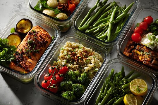 Healthy meal prep containers with grilled salmon, veggies, and grains on marble table &mdash; perfect for nutrition blogs, diet planning