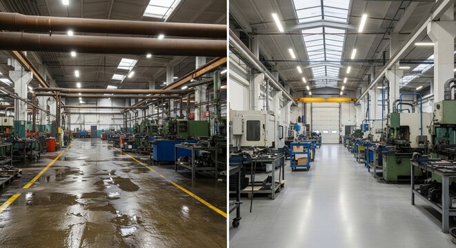 Old versus renovated industrial factory interior comparison