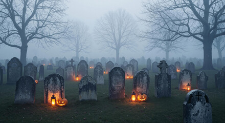 Dark cemetery with glowing jack-o'-lanterns and fog in autumn night during Halloween party
