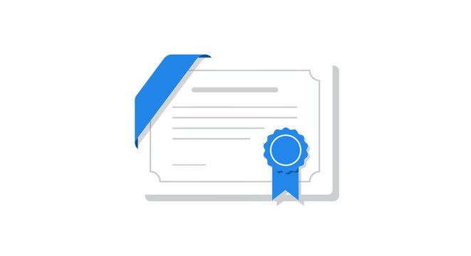 Illustration of a certificate with a blue ribbon and seal on a white background. - Powered by Adobe