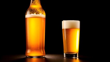 Cold, full pint of golden lager with foam and bubbles in a glass on a dark background for a refreshing drink