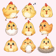 Cute Baby Chick Cartoon Collection in Watercolor Style