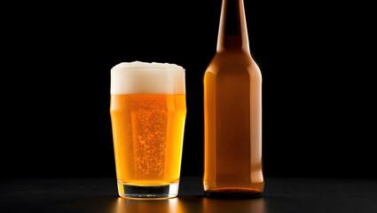 Cold golden lager in a pint glass, isolated on a dark background with creamy white foam and bright bubbles, a perfect bar refreshment