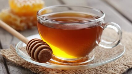 Tea in a glass cup with honey being poured in, a honey dipper on the saucer, and honeycomb in the background. - Powered by Adobe