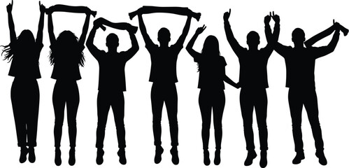 Silhouette of excited group of people cheering and celebrating together, holding scarves up high, unity, happiness, success, friendship and celebration concept