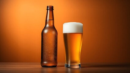 Cold, golden lager in a glass and a bottle on a wooden background with foam and bubbles