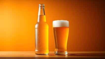 Cold glass of golden lager and a beer bottle with foam and bubbles isolated on a white background