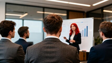 Businesswoman giving presentation to male colleagues in front of whiteboard with growth chart