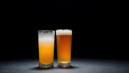 Cold pint glass of dark ale beer with foam on a black background