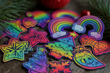 Obraz premium cartoon style holographic stickers with bold rainbow colors and playful fun pop art aesthetic