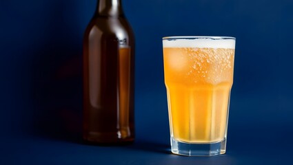 Gold lager with foam in a glass on a dark background for a refreshment drink object