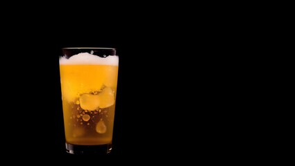 Cold beer glass with fresh liquid and bubble isolated on black background