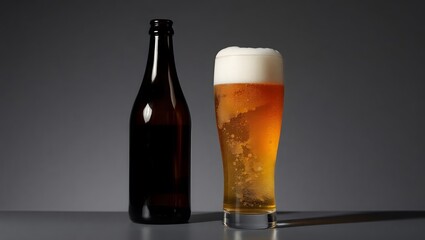 A cold pint of golden lager with foam sits on a dark background