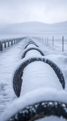 Snow-Covered Pipeline in Winter Landscape