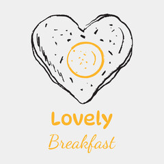 Hand drawn fried eggs breakfast. Vector sketch illustration in playful crayon style. Heart-shaped toast with fried egg and yellow Lovely Breakfast text for food, love, cafe menu