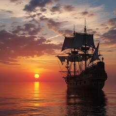 Fototapeta premium Pirate Ship Sailing into the Sunset - A Majestic Ocean Voyage.