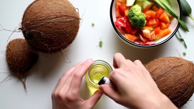 Coconut oil and fresh vegetables on a white table, healthy eating concept.