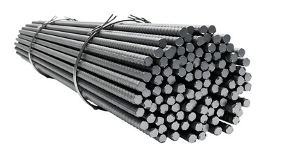 Bundle of rebar isolated on transparent background in studio shot with high angle view