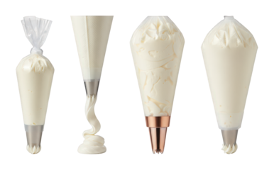 Piping bag set including disposable, reusable, and filled bags with various tips isolated. Baking and cake decorating collection.