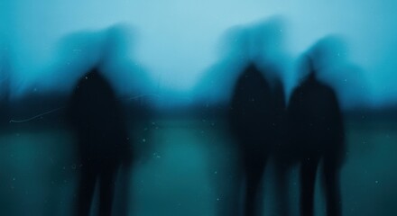Motion blur silhouettes with cool blue-green tones, grainy texture, mysterious moody abstract photo, cinematic film grain aesthetic