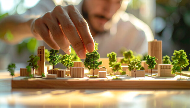 Architectural Design and Urban Planning: a hands-on architect is carefully arranging miniature trees on an urban model. The meticulous process highlights the vision of urban planning and design. - Powered by Adobe