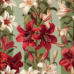 Seamless vector pattern with lily flowers isolated on a changeable background. Vintage painting style illustration.
