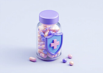 White medicine bottle with scattered pills and capsules representing prescription vitamin medication for healthcare