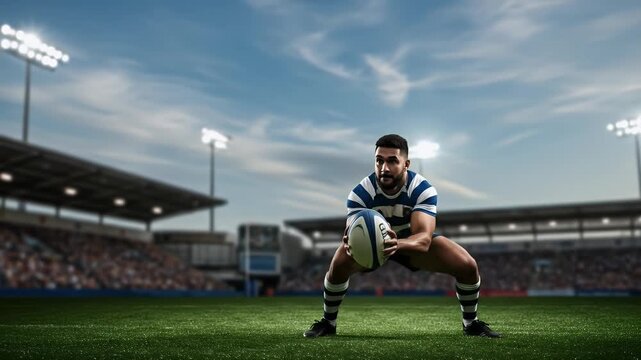 Rugby Player Catching Ball Action Realistic Stadium Lighting Outdoor