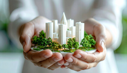 Miniature Metropolis: A model city, complete with buildings and lush greenery, cradled in a pair of hands. A tangible representation of urban planning and sustainable development