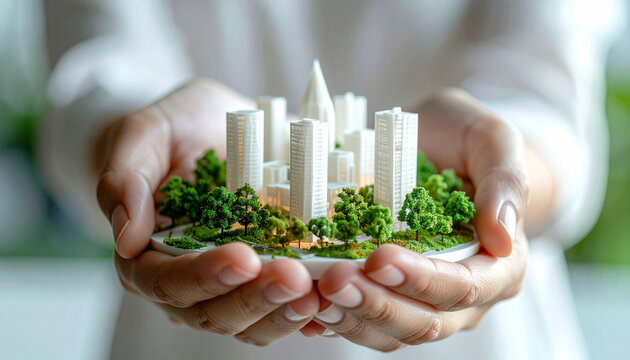 Miniature Metropolis: A model city, complete with buildings and lush greenery, cradled in a pair of hands. A tangible representation of urban planning and sustainable development