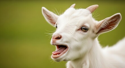 Fototapeta premium Expressive White Goat Portrait with Open Mouth in Green Field.