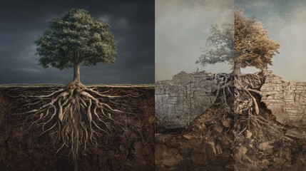 Tree Roots in Healthy and Barren Soil — Environmental Contrast Between Life and Drought