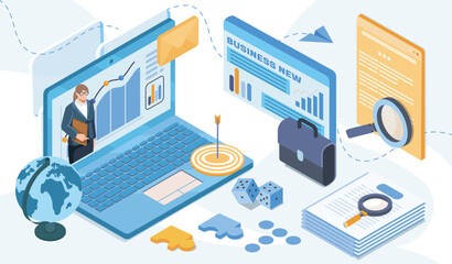 Business elements including laptop, charts, paperwork, magnifying glass, and globe on a light background. Concept of strategy, analysis, and planning. Vector illustration