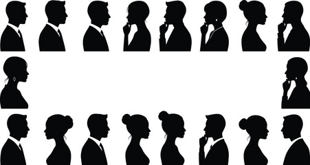 Silhouette profile of business men and women thinking, side view office people in formal wear, corporate communication, teamwork, brainstorming concept illustration