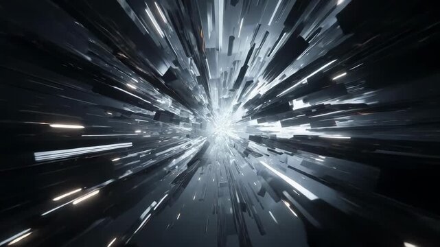 Bright central light with elongated dark rectangular shapes radiating outward, like a sci-fi warp-speed explosion.