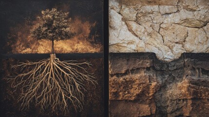 Tree Roots Burning in Dry Cracked Earth — Climate Change and Environmental Destruction Concept