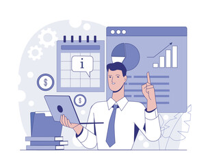 Businessman holding laptop with charts, graphs, calendar, and dollar icons around him, flat style on white background. Concept of financial analytics. Vector illustration