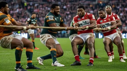 Rugby Players Compete in Intense Tug of War Match Outdoors