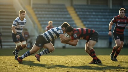 Rugby Players Compete For Ball During Match Golden Hour Lighting Dynamic Action - Powered by Adobe