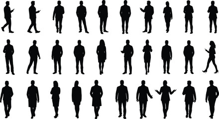 Silhouettes of business men and women standing, walking, and talking, professional corporate people in office attire, teamwork and communication concept illustration