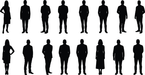 Fototapeta premium Silhouettes of business people standing, men and women in formal poses, corporate professionals, teamwork, leadership concept, business lifestyle vector illustration set